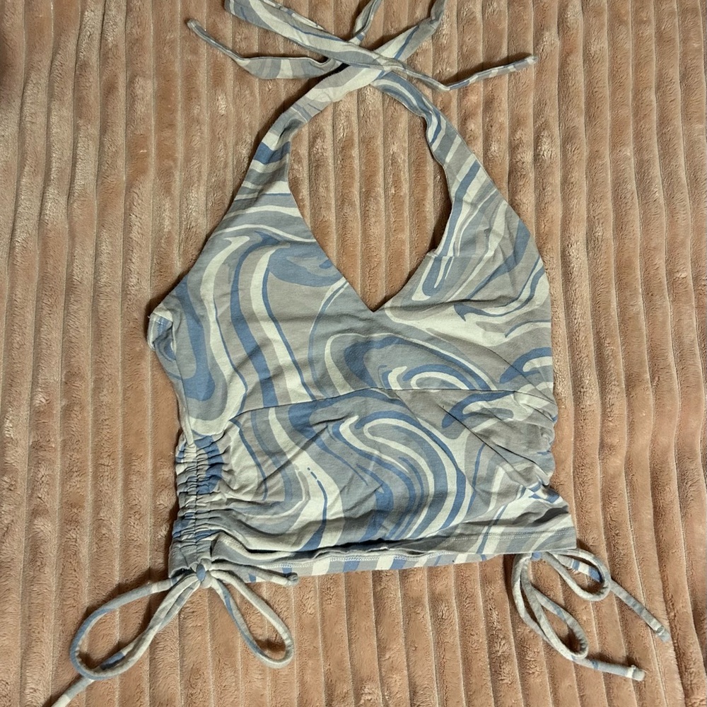 Trendy Halter Top with Blue and Gray Swirls